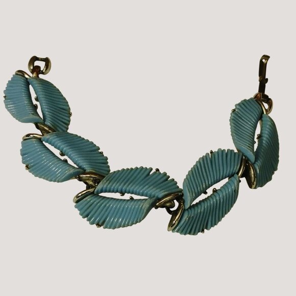 Vintage 1950 BSK Blue Parure Enamel Leaf Link Bracelet Silver Tone Metal 7 Inch - Picture 3 of 8